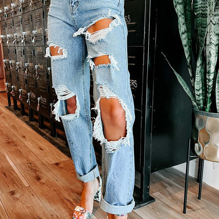 Women's High Waist Straight Leg Ripped Jeans Cut Out Distressed Denim Pants