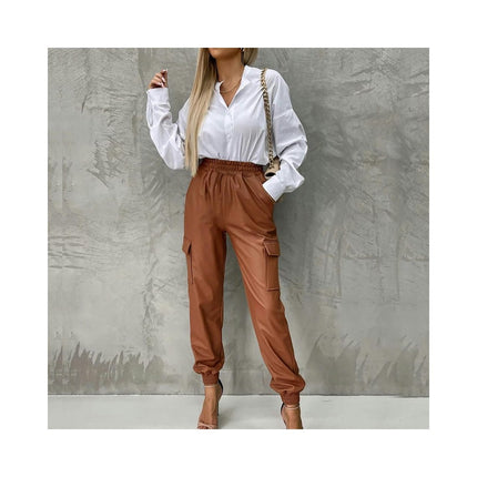 Women Leather Jogger Pants High Waisted Baggy Leather Jogger Pants