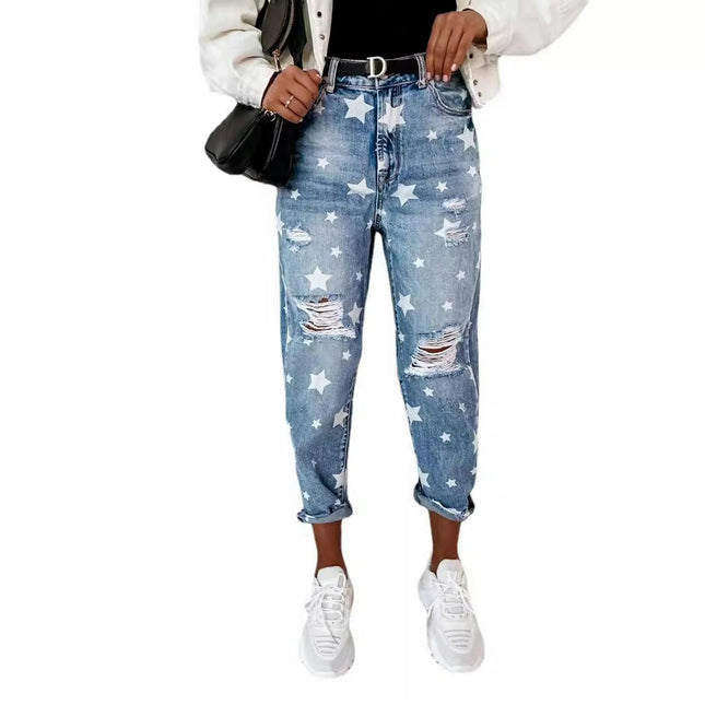 Women's Ripped Straight Leg Jeans High Waist Distressed Denim Pants