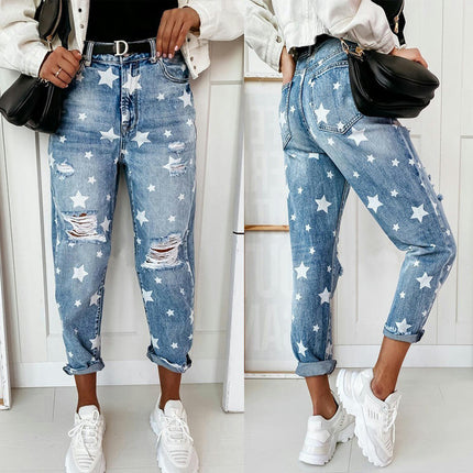 Women's Ripped Straight Leg Jeans High Waist Distressed Denim Pants