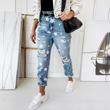 Women's Ripped Straight Leg Jeans High Waist Distressed Denim Pants