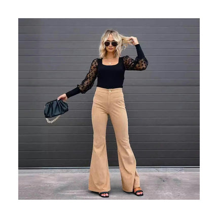 Corduroy Pants for Women High Waist Flare Pants with Pockets