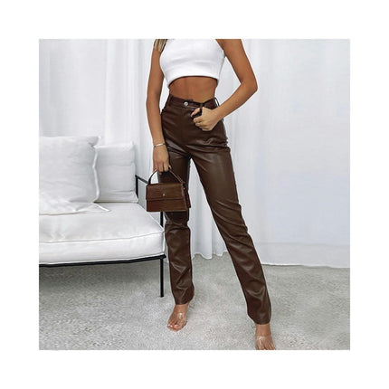 Women's Faux Leather Pants High Waisted Straight Leg Trousers with Pockets