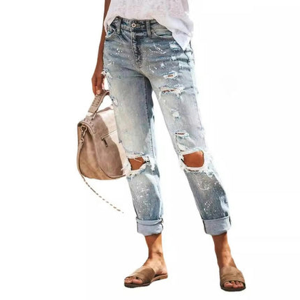 Women's Ripped Mid Waisted Jeans Casual Distressed Stretchy Denim Pants