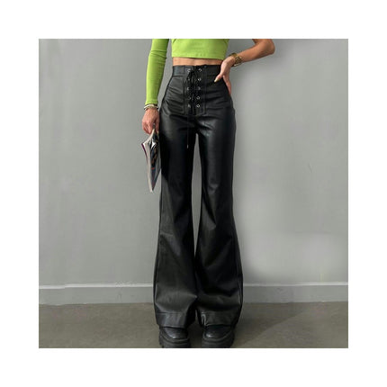 Womens Casual Faux Leather Pants High Waist Slim Flared Bell Bottom Pants