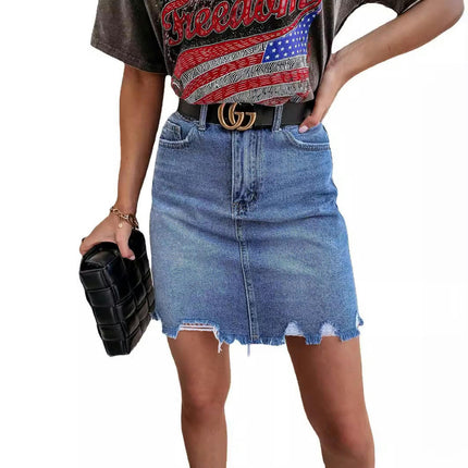 Women Denim Skirt High Waist Raw Hem Stretch Casual Mini Jean Skirts