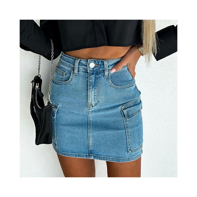 Women's High Waist Button Bodycon Mini Cargo Denim Skirt with Pocket