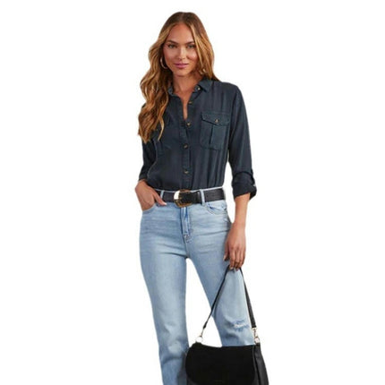 Women's Long Sleeve Collared Shirt Button Down Denim Blouse Jacket