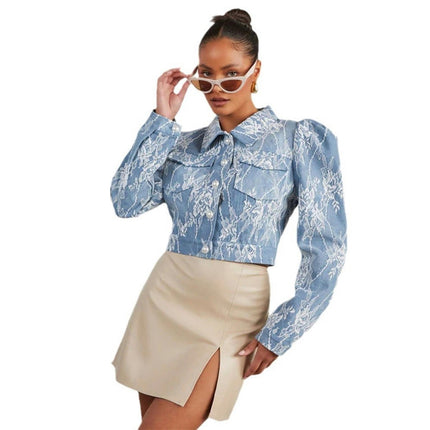 Women's Lace Cropped Denim Jacket Long Sleeve Jean Jacket