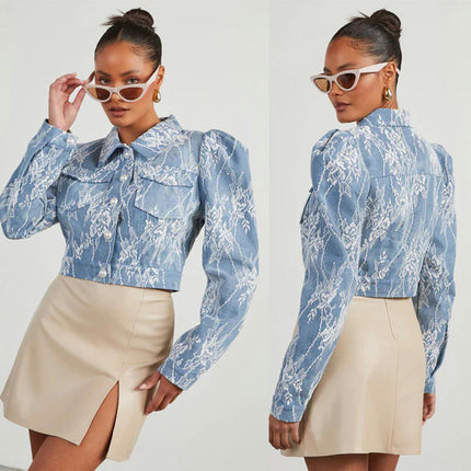 Women's Lace Cropped Denim Jacket Long Sleeve Jean Jacket