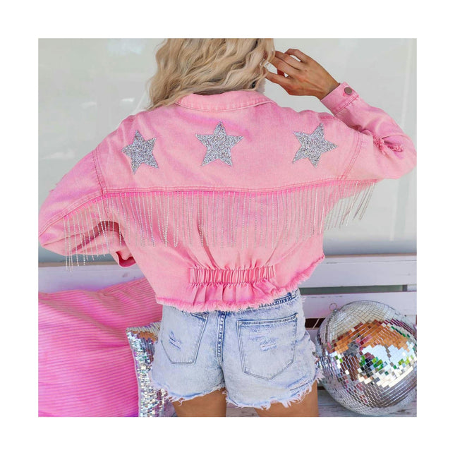 Women's Cropped Fringe Denim Jacket Tassel Long Sleeve Jean Jacket