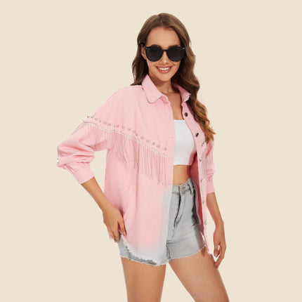 Denim Jacket for Women Fringe Long Sleeve Jean Jacket