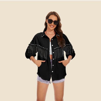 Denim Jacket for Women Fringe Long Sleeve Jean Jacket