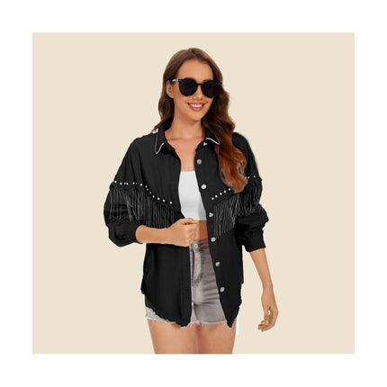 Denim Jacket for Women Fringe Long Sleeve Jean Jacket