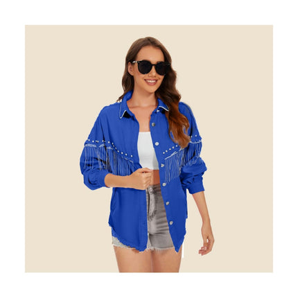 Denim Jacket for Women Fringe Long Sleeve Jean Jacket