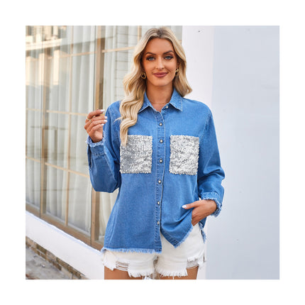 Women's Long Sleeve Button Down Lapel Loose Denim Blouse Shirt