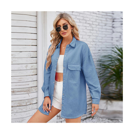 Women's Long Sleeve Denim Shirts Loose Fit Lapel Button Down Jean Tops