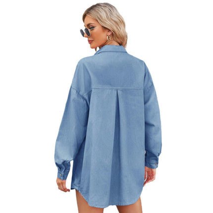 Women's Long Sleeve Denim Shirts Loose Fit Lapel Button Down Jean Tops