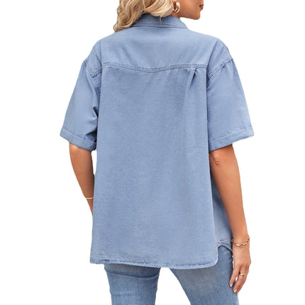 Womens Short Sleeve Denim Shirts Button Down Jean Shirts Summer Loose Casual Collared Top