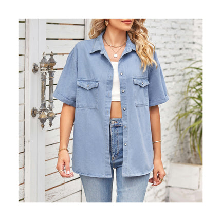 Womens Short Sleeve Denim Shirts Button Down Jean Shirts Summer Loose Casual Collared Top