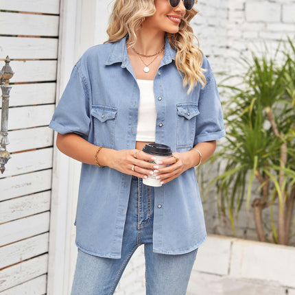 Womens Short Sleeve Denim Shirts Button Down Jean Shirts Summer Loose Casual Collared Top