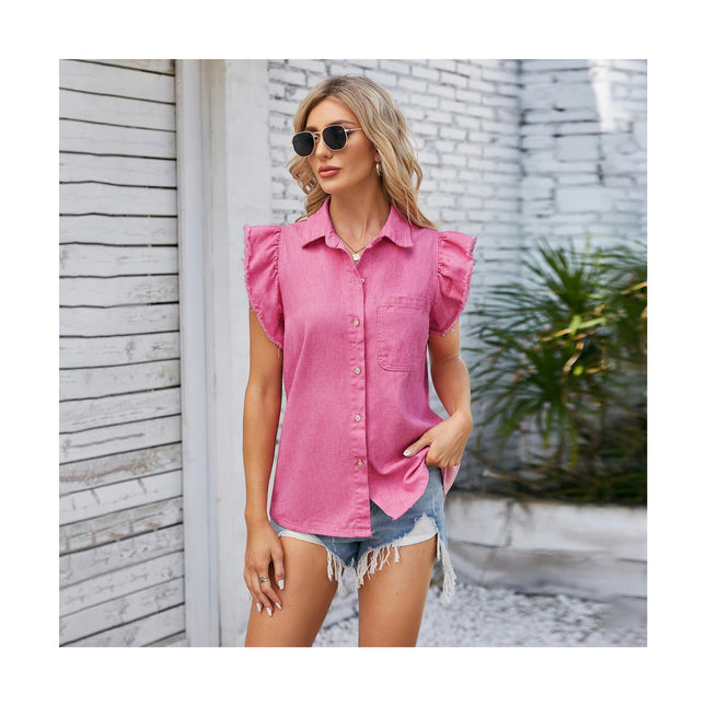 Womens Cap Sleeve Denim Shirts Button Down Jean Shirts Summer Loose Casual Collared Top