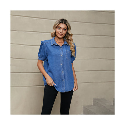 Womens Denim Shirt Casual Button Down Blouses Puff Short Sleeve Summer Tops