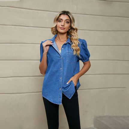 Womens Denim Shirt Casual Button Down Blouses Puff Short Sleeve Summer Tops