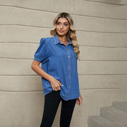 Womens Denim Shirt Casual Button Down Blouses Puff Short Sleeve Summer Tops