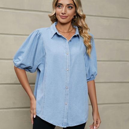 Women's Summer Puff Short Sleeve Denim Shirt Casual Button-Down Blouse Tops