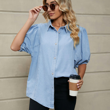 Women's Summer Puff Short Sleeve Denim Shirt Casual Button-Down Blouse Tops