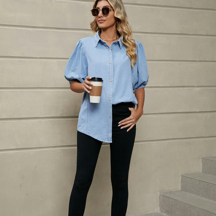 Women's Summer Puff Short Sleeve Denim Shirt Casual Button-Down Blouse Tops