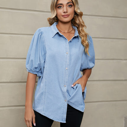 Women's Summer Puff Short Sleeve Denim Shirt Casual Button-Down Blouse Tops