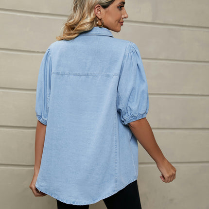 Women's Summer Puff Short Sleeve Denim Shirt Casual Button-Down Blouse Tops