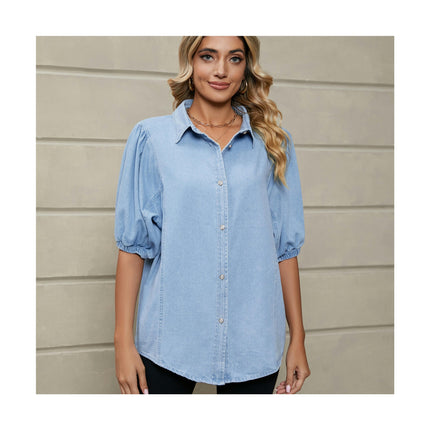 Women's Summer Puff Short Sleeve Denim Shirt Casual Button-Down Blouse Tops