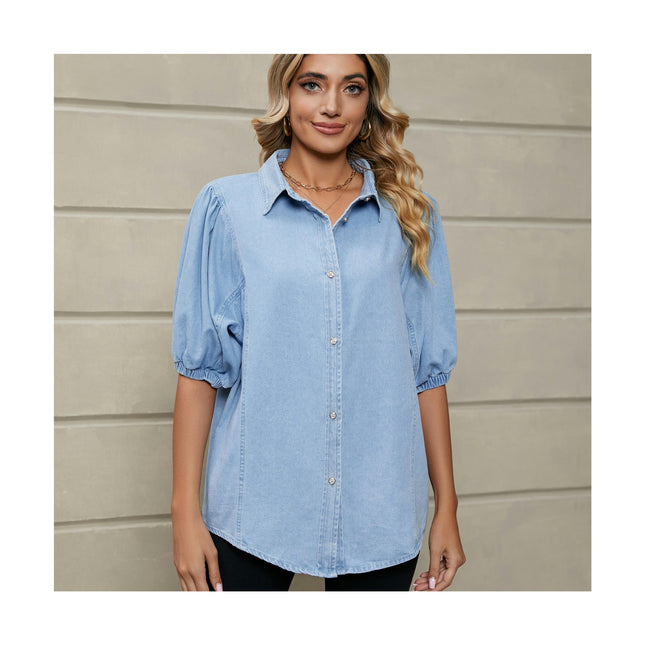 Women's Summer Puff Short Sleeve Denim Shirt Casual Button-Down Blouse Tops