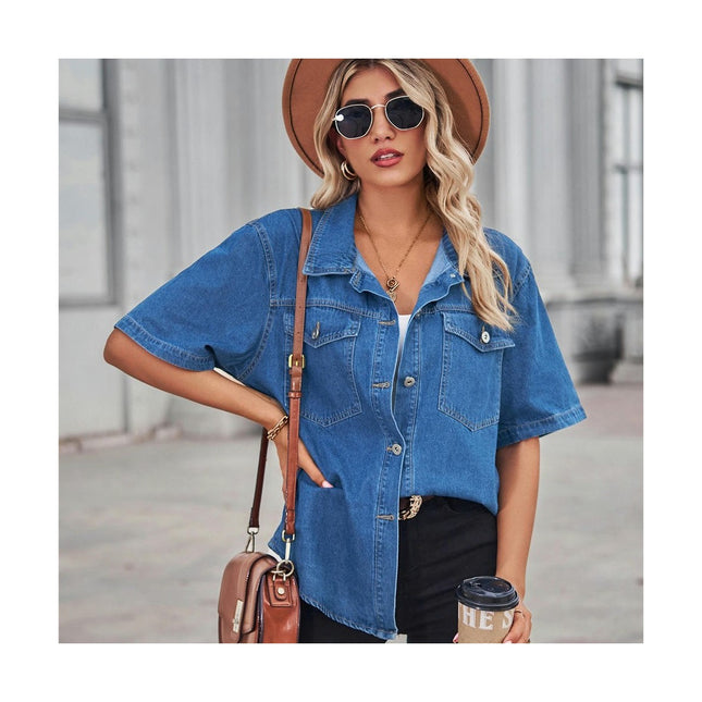 Women's Casual Short Sleeve Denim Shirt Button Down V Neck Blouse Top