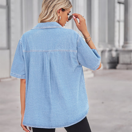 Women's Casual Short Sleeve Denim Shirt Button Down V Neck Blouse Top