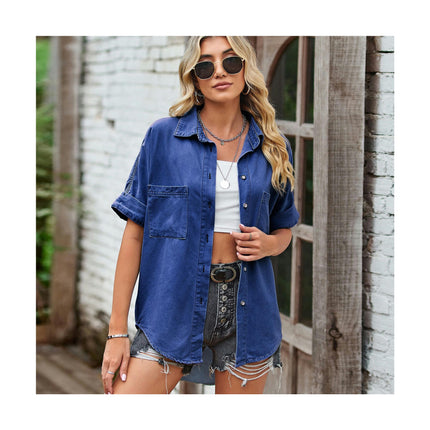 Women's Denim Tops Button Down Collared Short Sleeve Pocket Jean Shirt