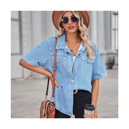 Women's Casual Short Sleeve Denim Shirt Button Down V Neck Blouse Top