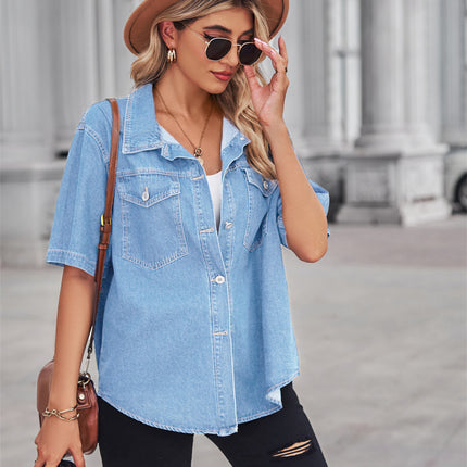 Women's Casual Short Sleeve Denim Shirt Button Down V Neck Blouse Top