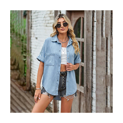 Women's Denim Tops Button Down Collared Short Sleeve Pocket Jean Shirt