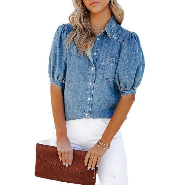 Women Puff Short Sleeved Button Down Denim Shirts Casual Pockets Jean Shirts