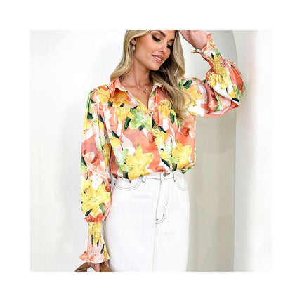 Women Fashion Button Down Shirts Lapel V Neck Printed Long Sleeve Blouses Casual Tops