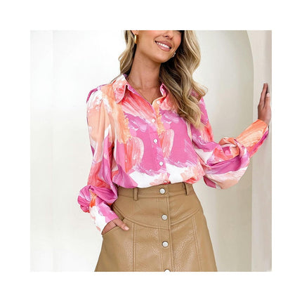 Women's Casual Button Down Blouse Tops Print Lapel V Neck Lantern Long Sleeve Loose Shirts