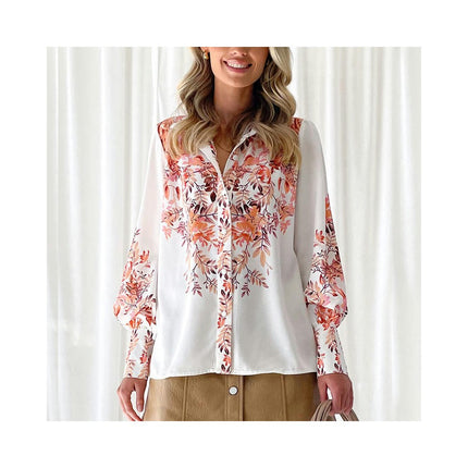 Women Printed Button Down Shirts Lapel V Neck Long Sleeve Tops