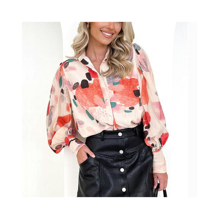 Women Loose Lapel V-Neck Shirts Print Lantern Long Sleeve Blouse Tops