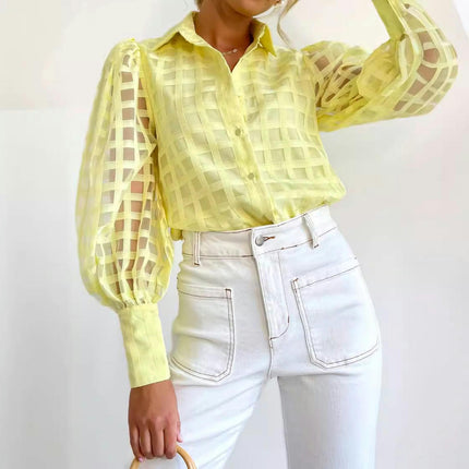 Womens Sheer Button Down Shirts Long Sleeve Stylish Casual Blouse Tops