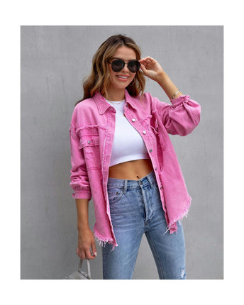 Women's Ripped Distressed Denim Jacket Casual Long Sleeve Jean Coat