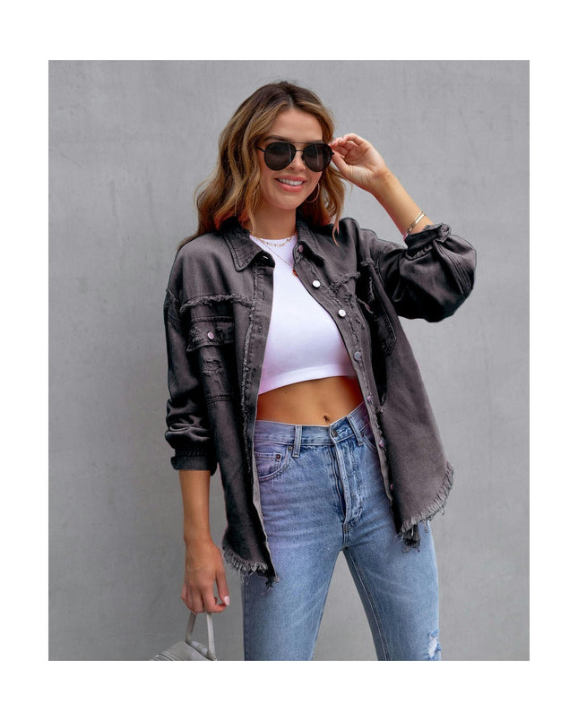 Women's Ripped Distressed Denim Jacket Casual Long Sleeve Jean Coat